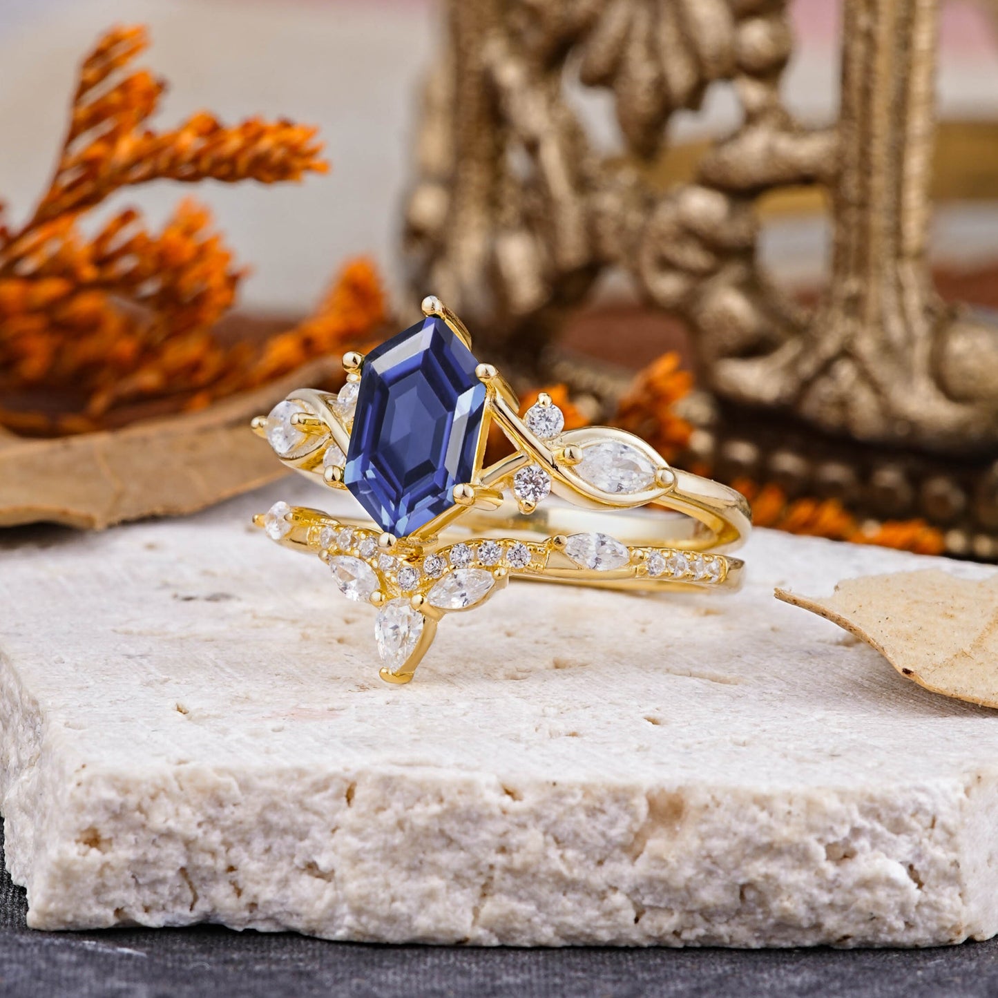 The Graceful Hexagon - Cut Tanzanite Bridal Ring Set