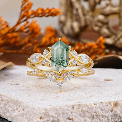 Customer-Made The Graceful Hexagon - Cut 6 Prong Natural 3CT Moss Agate Engagement Ring