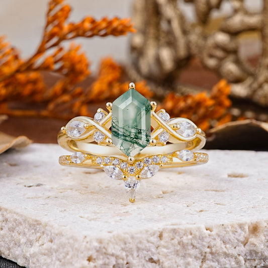 Customer-Made The Graceful Hexagon - Cut 6 Prong Natural 3CT Moss Agate Engagement Ring
