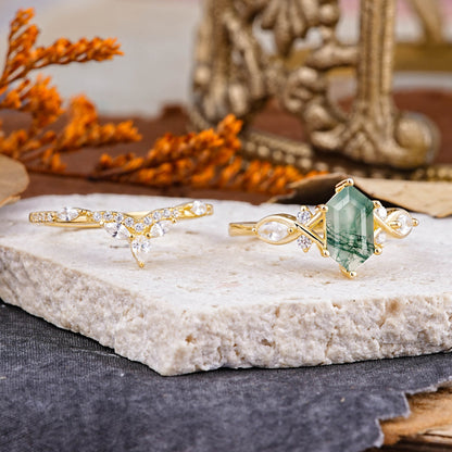 Customer-Made The Graceful Hexagon - Cut 6 Prong Natural 3CT Moss Agate Engagement Ring