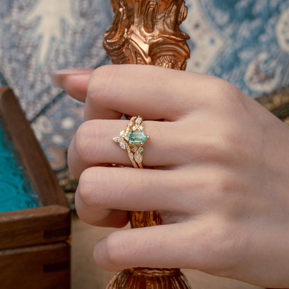 Customer-Made The Graceful Hexagon - Cut 6 Prong Natural 3CT Moss Agate Engagement Ring