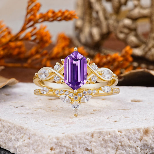 The Graceful Hexagon - Cut Amethyst Bridal Ring Set