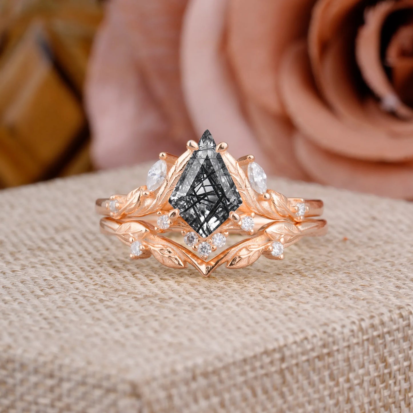Nature Inspired The Dreamy Kite- Cut Black Rutilated Quartz with Fantasy Leaf Gold Ring Set