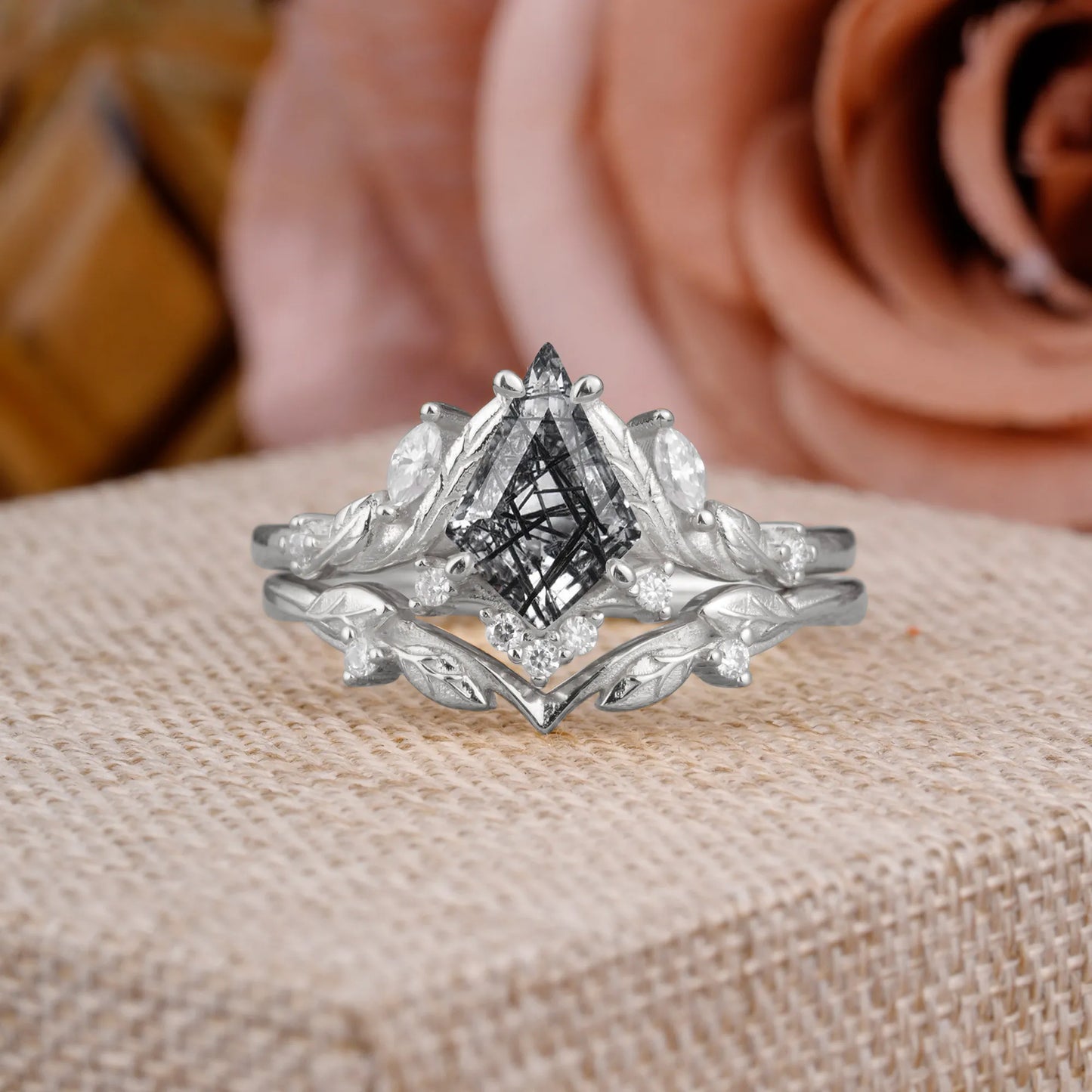 Nature Inspired The Dreamy Kite- Cut Black Rutilated Quartz with Fantasy Leaf Gold Ring Set