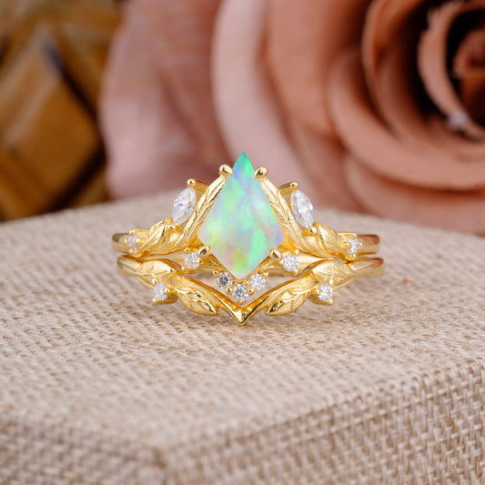 Nature Inspired The Dreamy Kite- Cut Opal with Fantasy Leaf Bridal Ring Set