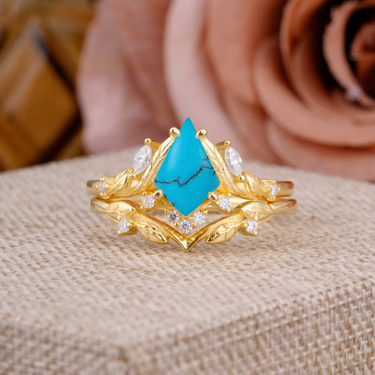 Nature Inspired The Dreamy Kite- Cut Turquoise with Fantasy Leaf Bridal Ring Set