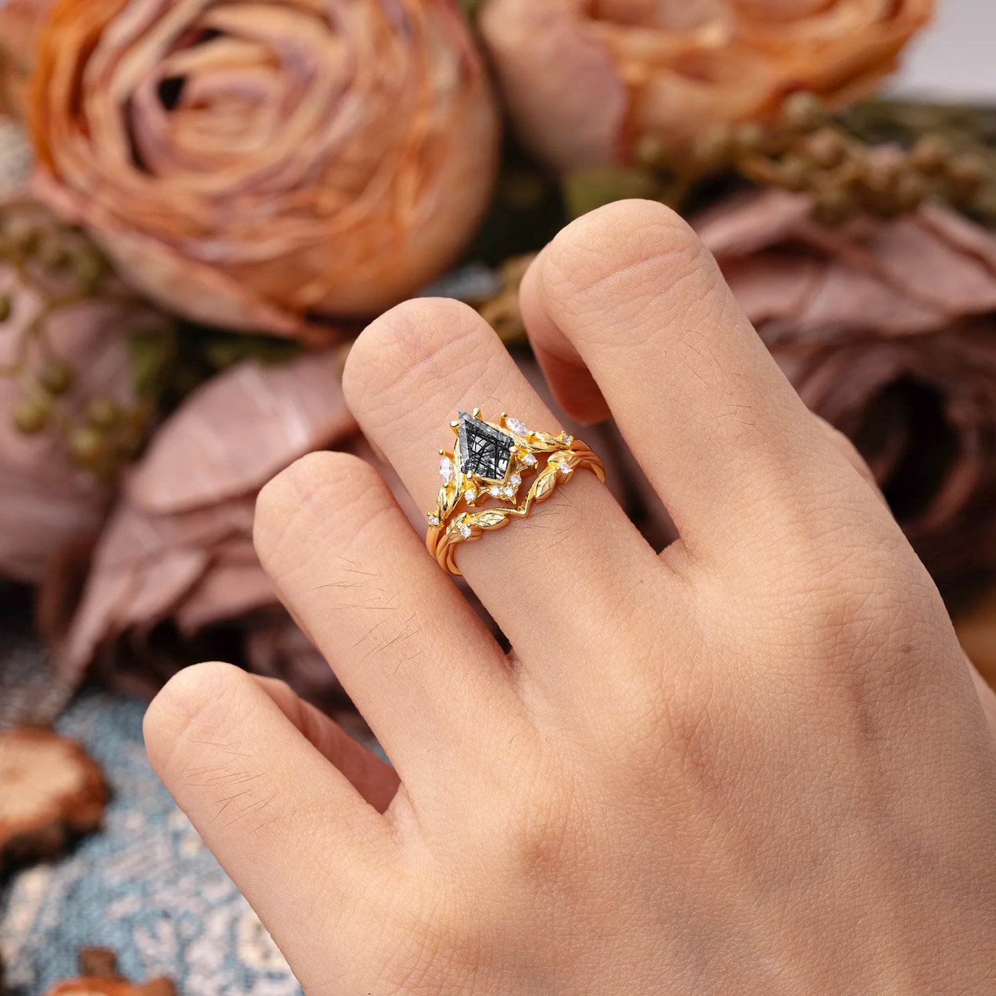 Nature Inspired The Dreamy Kite- Cut Black Rutilated Quartz with Fantasy Leaf Gold Ring Set