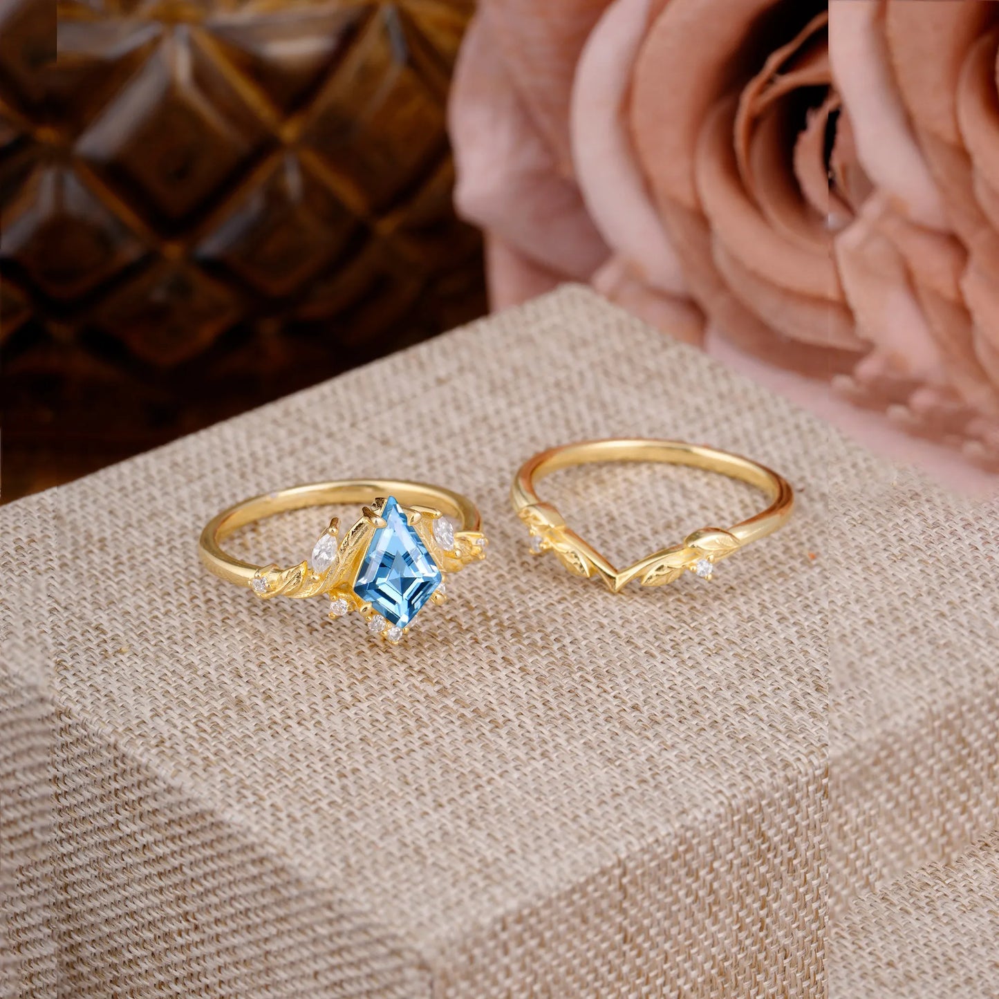 Nature Inspired The Dreamy Kite- Cut Aquamarine with Fantasy Leaf Gold Ring Set