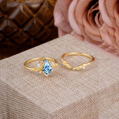 Nature Inspired The Dreamy Kite- Cut Aquamarine with Fantasy Leaf Gold Ring Set