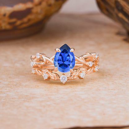 Woodland Style 6 Prong Pear Shaped Sapphire Wedding Ring