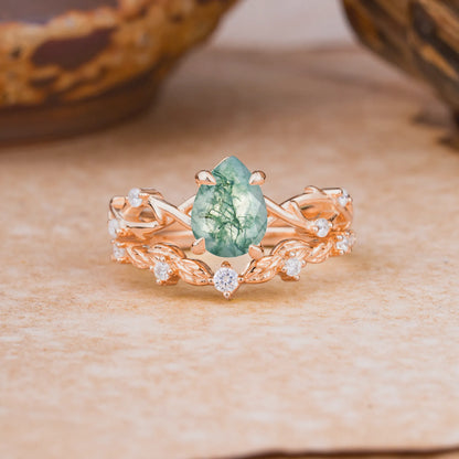 Woodland Style 6 Prong Pear Shaped Moss Agate Wedding Ring