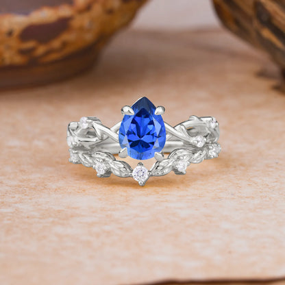 Woodland Style 6 Prong Pear Shaped Sapphire Wedding Ring