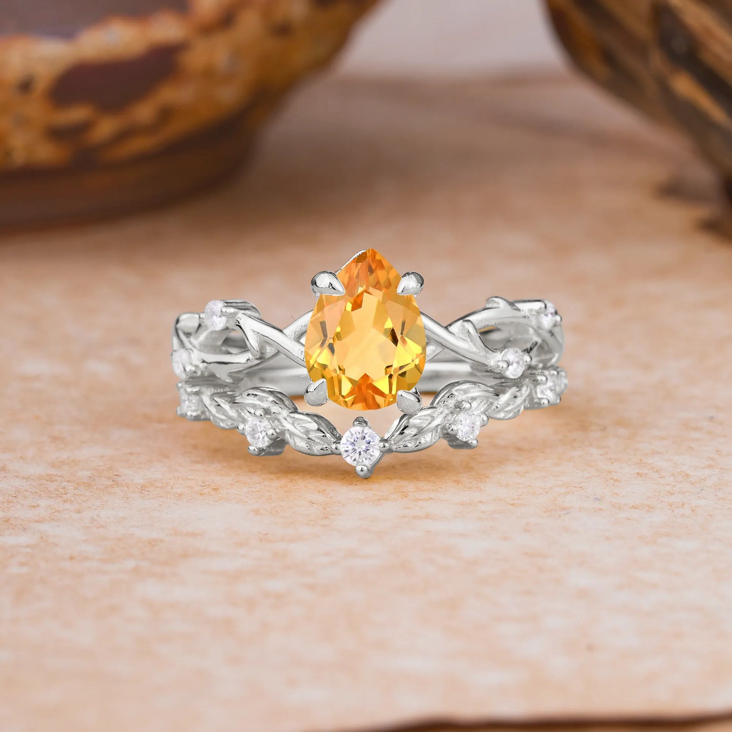 Woodland Style 6 Prong Pear Shaped Citrine Wedding Ring