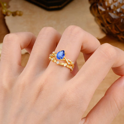 Woodland Style 6 Prong Pear Shaped Sapphire Wedding Ring