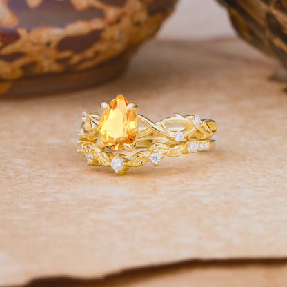 Woodland Style 6 Prong Pear Shaped Citrine Wedding Ring