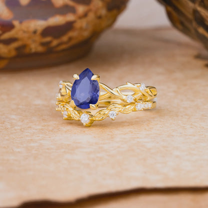 Woodland Style 6 Prong Pear Shaped Tanzanite Wedding Ring