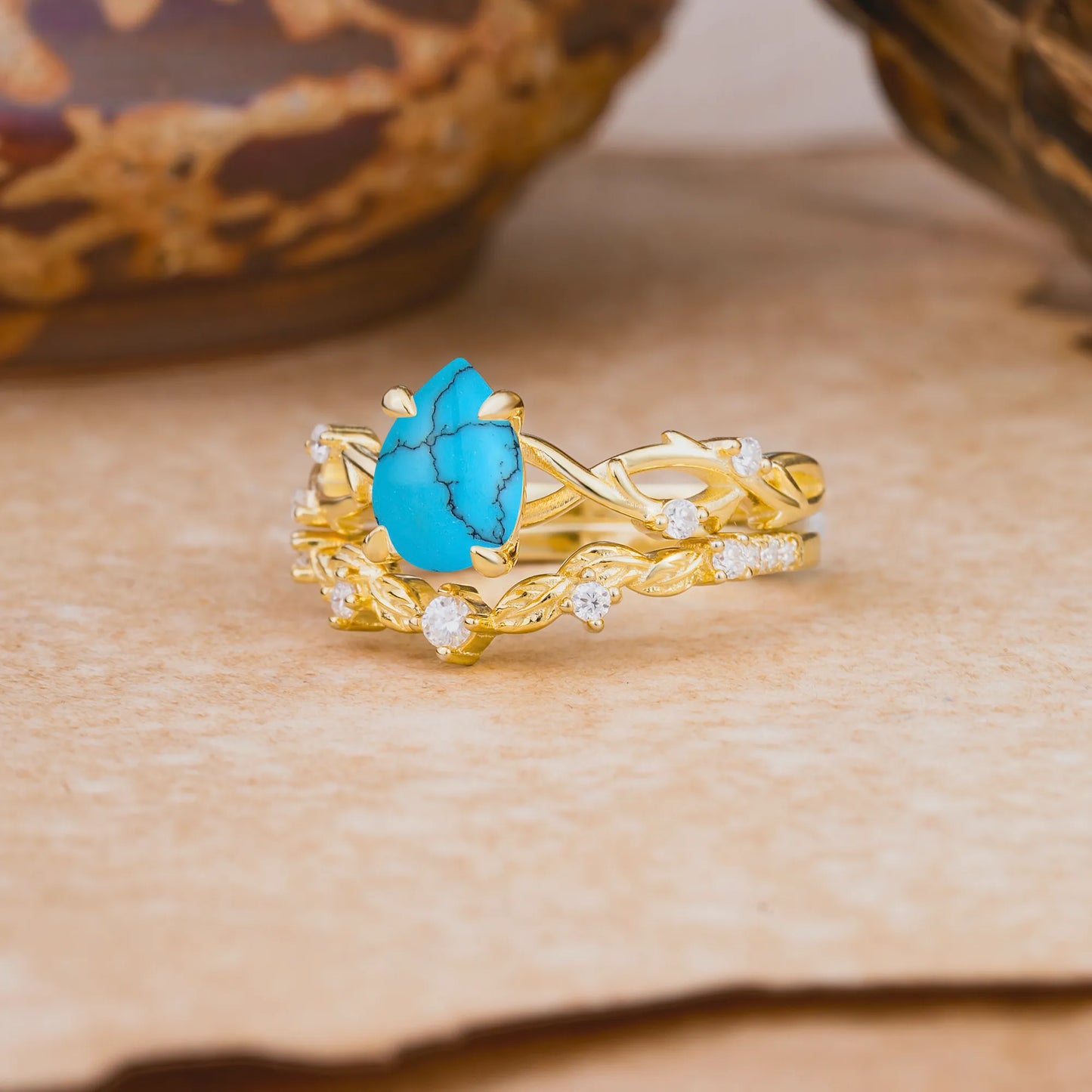 Woodland Style 6 Prong Pear Shaped Turquoise Wedding Ring