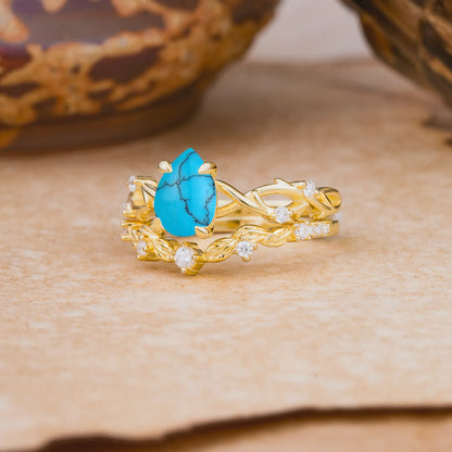 Woodland Style 6 Prong Pear Shaped Turquoise Wedding Ring
