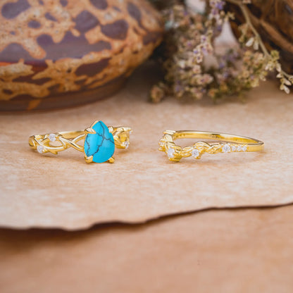 Woodland Style 6 Prong Pear Shaped Turquoise Wedding Ring