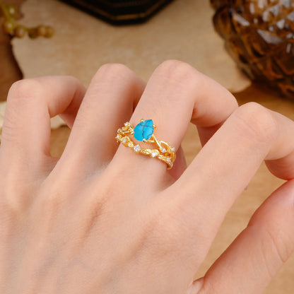 Woodland Style 6 Prong Pear Shaped Turquoise Wedding Ring