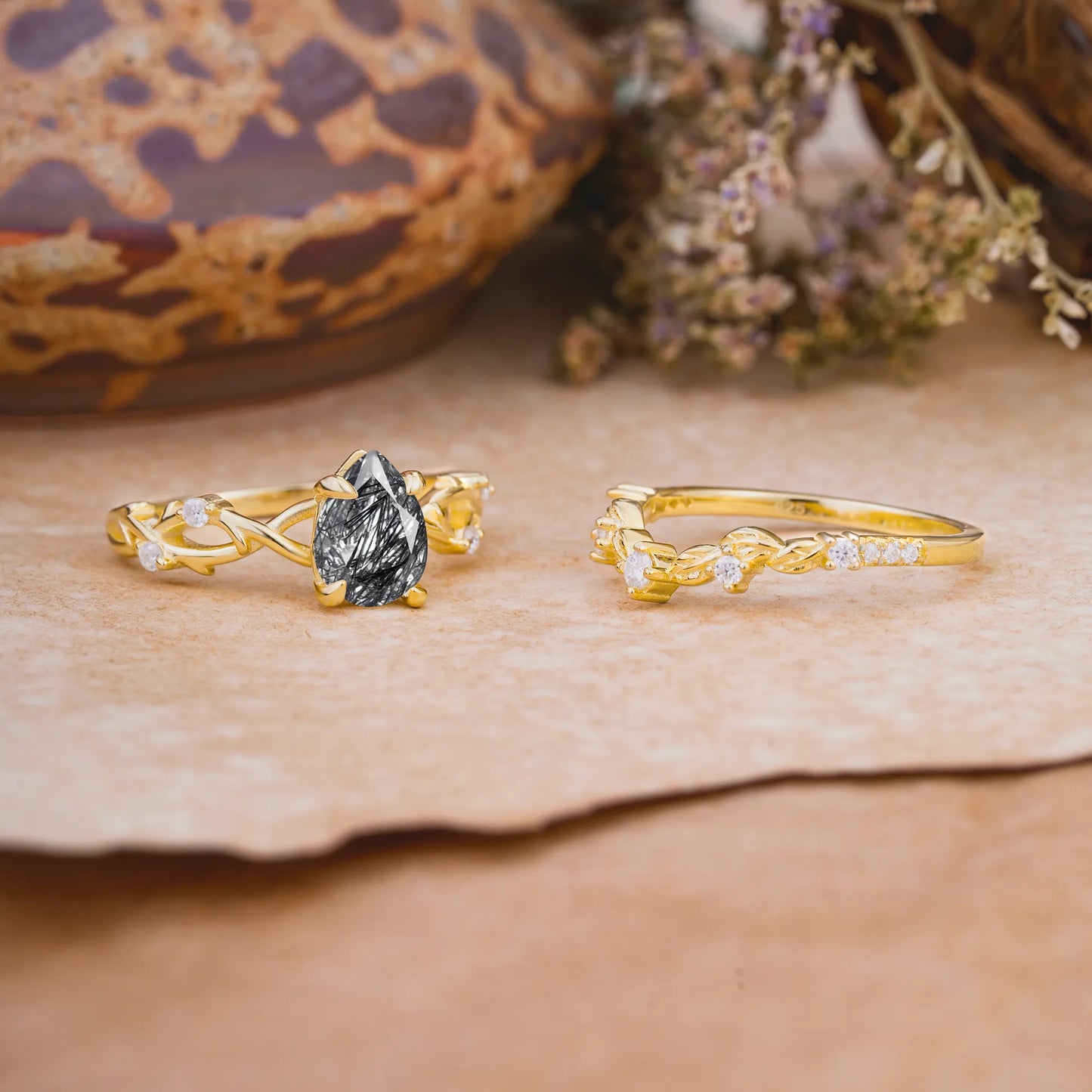 Woodland Style 6 Prong Pear Shaped Black Rutilated Quartz Wedding Ring