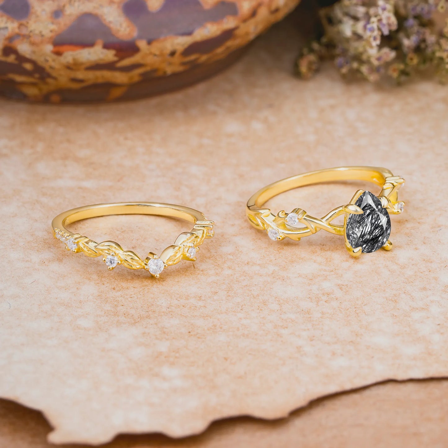 Woodland Style 6 Prong Pear Shaped Black Rutilated Quartz Wedding Ring