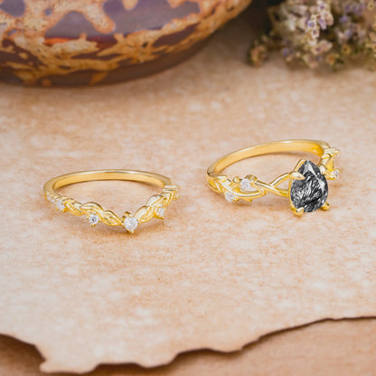 Woodland Style 6 Prong Pear Shaped Black Rutilated Quartz Wedding Ring