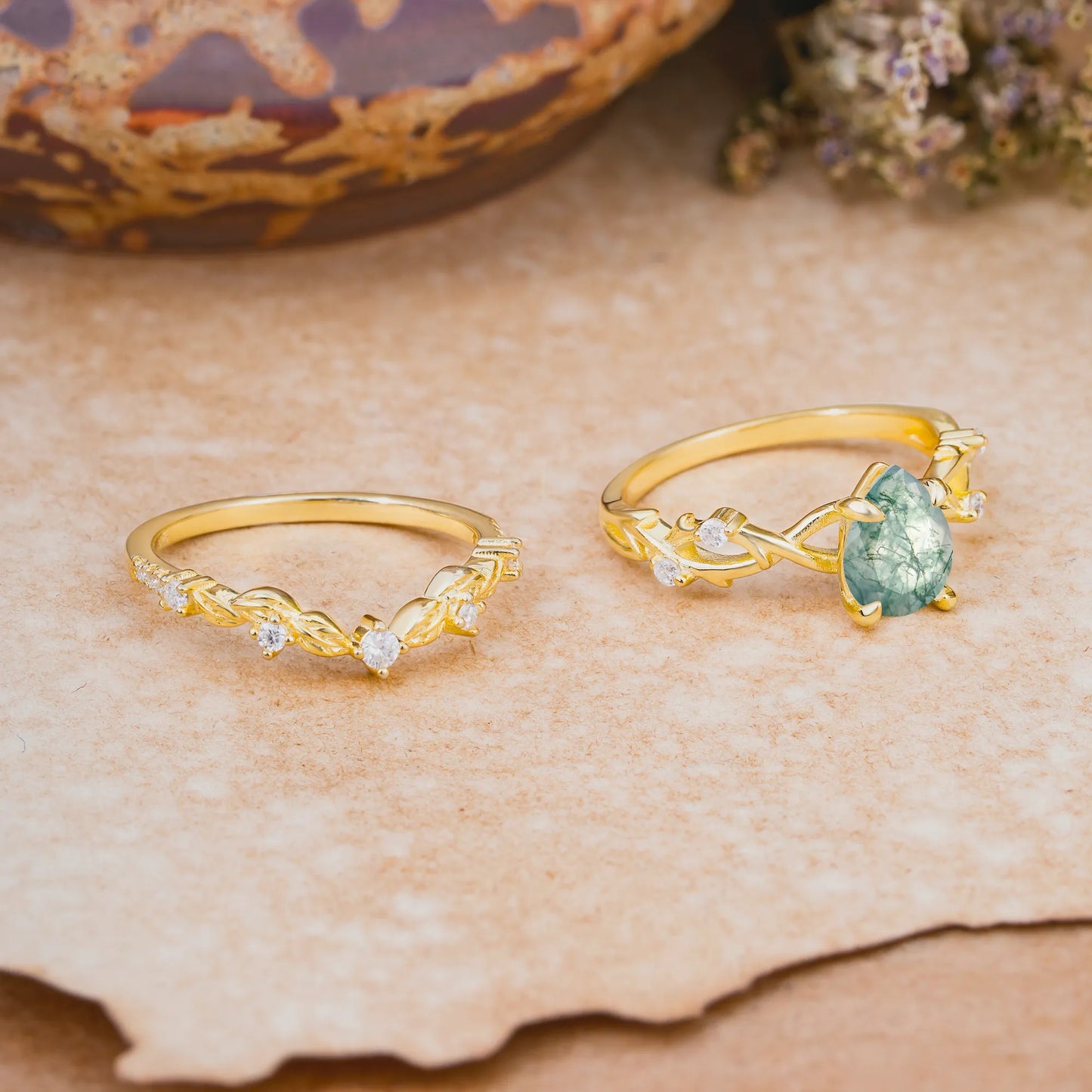 Woodland Style 6 Prong Pear Shaped Moss Agate Wedding Ring