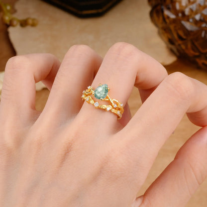 Woodland Style 6 Prong Pear Shaped Moss Agate Wedding Ring