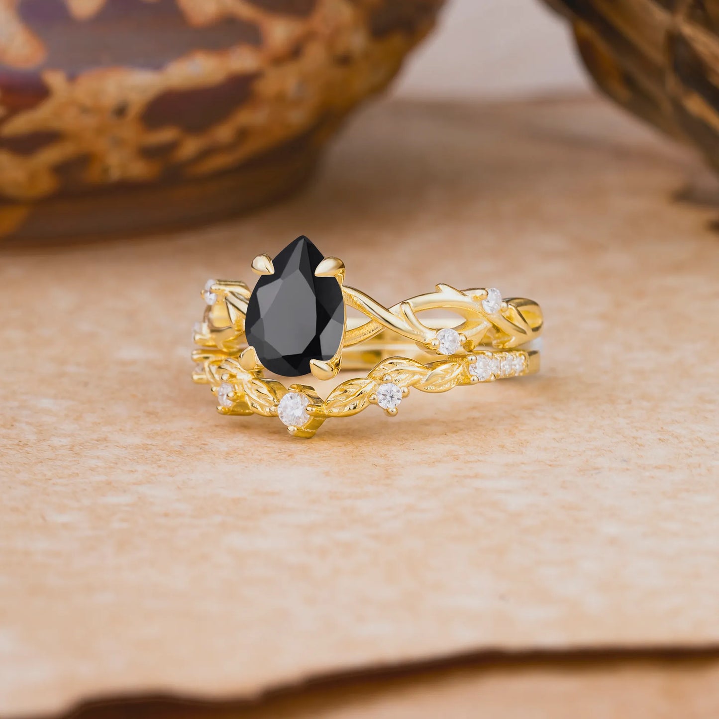 Woodland Style 6 Prong Pear Shaped Black Onyx Wedding Ring