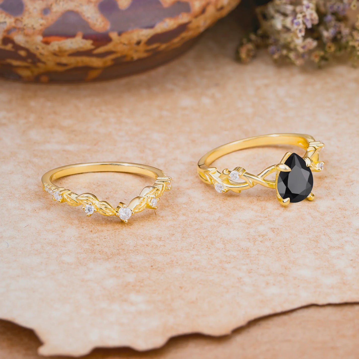 Woodland Style 6 Prong Pear Shaped Black Onyx Wedding Ring