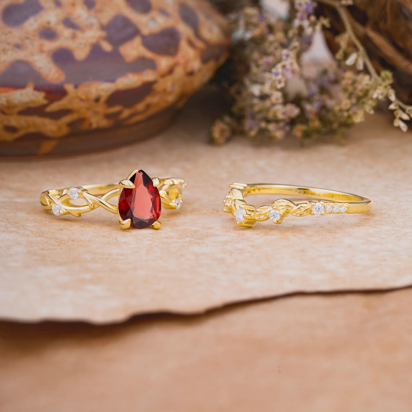 Woodland Style 6 Prong Pear Shaped Garnet Wedding Ring