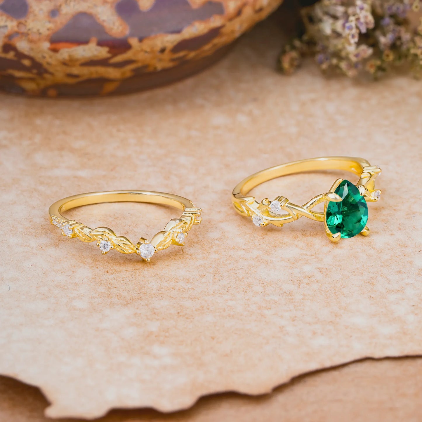 Woodland Style 6 Prong Pear Shaped Emerald Wedding Ring