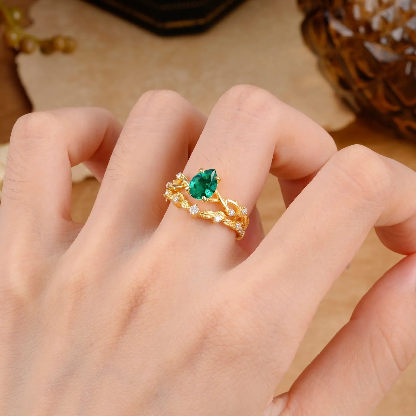 Woodland Style 6 Prong Pear Shaped Emerald Wedding Ring