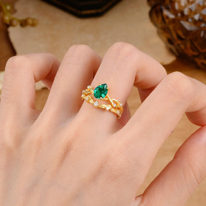 Woodland Style 6 Prong Pear Shaped Emerald Wedding Ring
