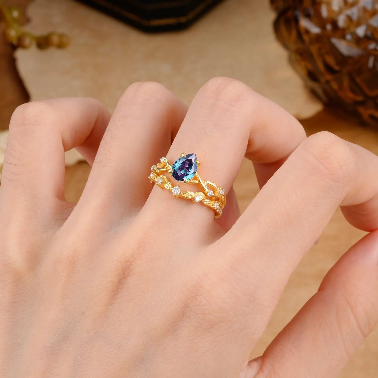 Woodland Style 6 Prong Pear Shaped Alexandrite Wedding Ring