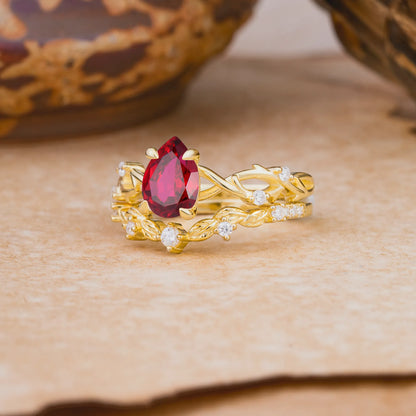 Woodland Style 6 Prong Pear Shaped Ruby Wedding Ring