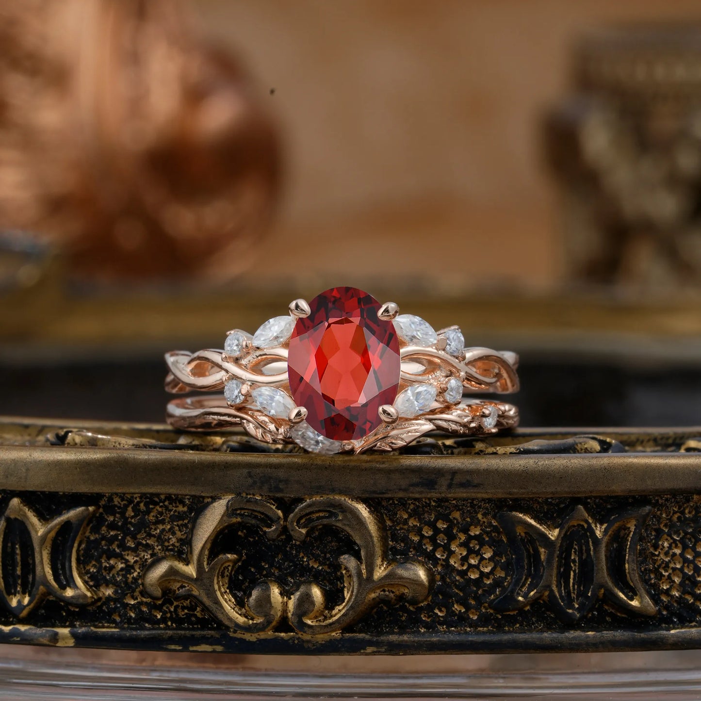 Nature-inspired 4-Prong Oval Cut Garnet Stacking Ring