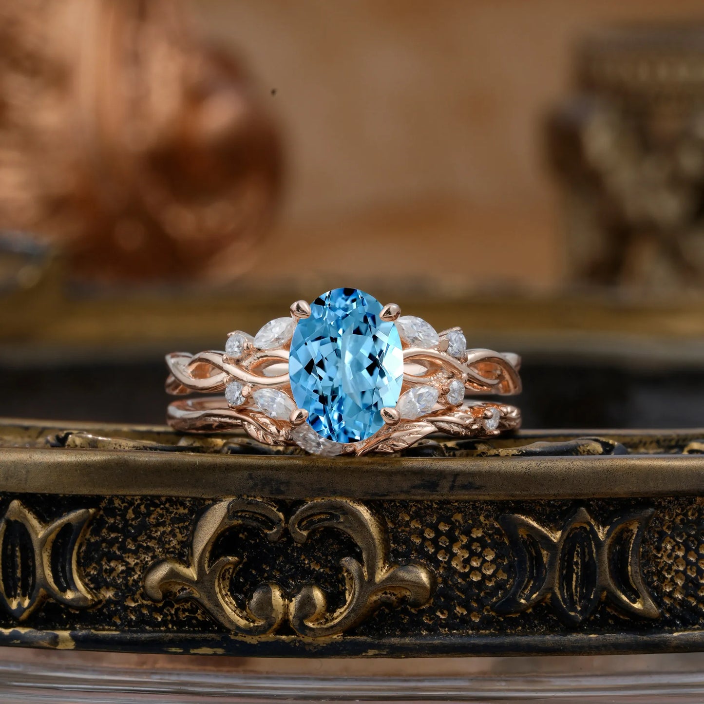 Nature-inspired 4-Prong Oval Cut Aquamarine Stacking Ring