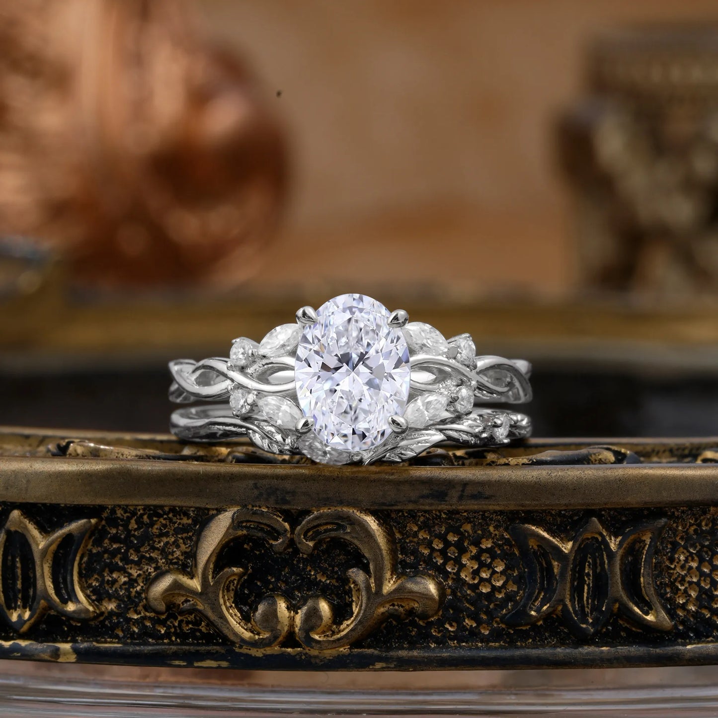 Nature-inspired 4-Prong Oval Cut Lab Diamond Stacking Ring