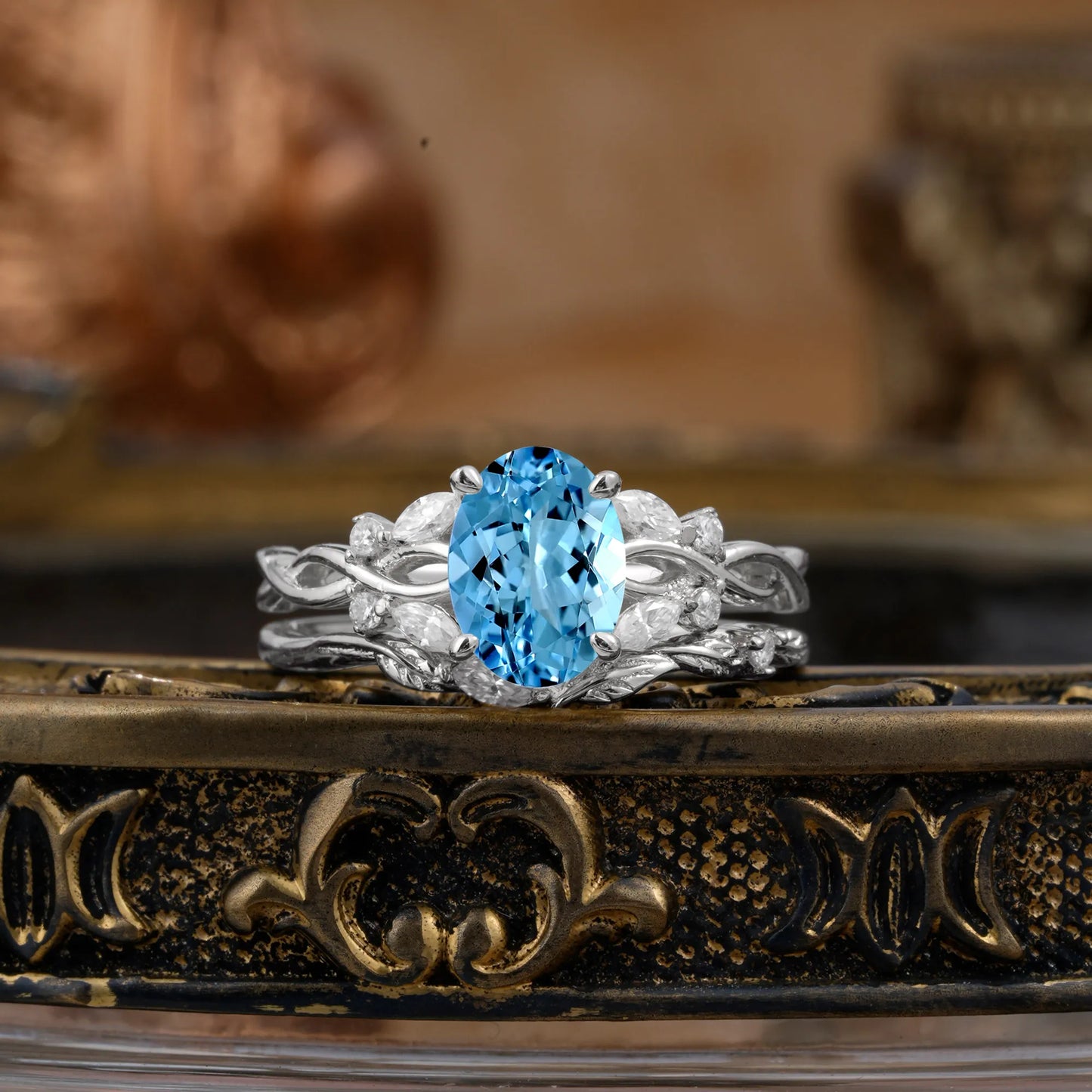 Nature-inspired 4-Prong Oval Cut Aquamarine Stacking Ring