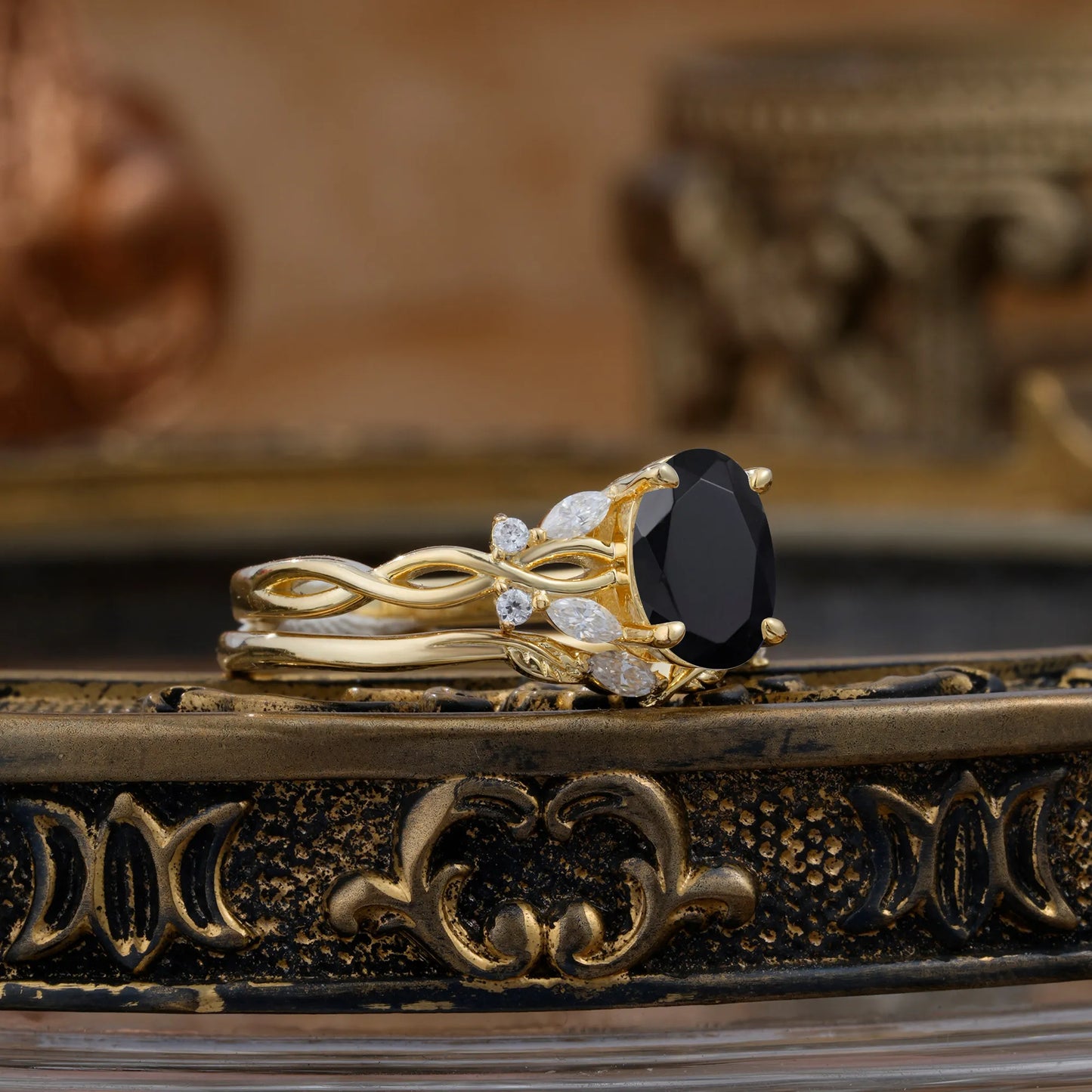 Nature-inspired 4-Prong Oval Cut Black Onyx Stacking Ring