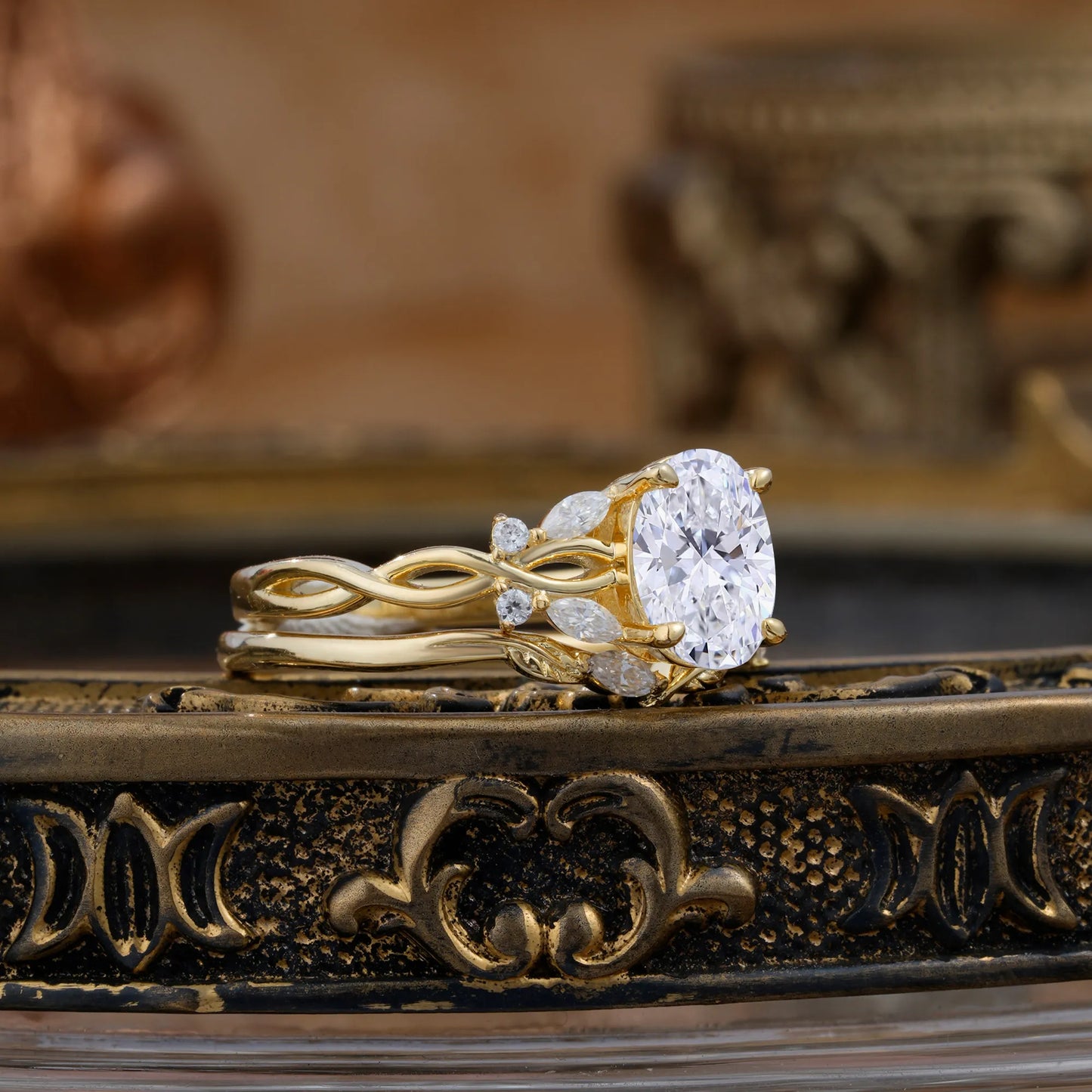 Nature-inspired 4-Prong Oval Cut Lab Diamond Stacking Ring