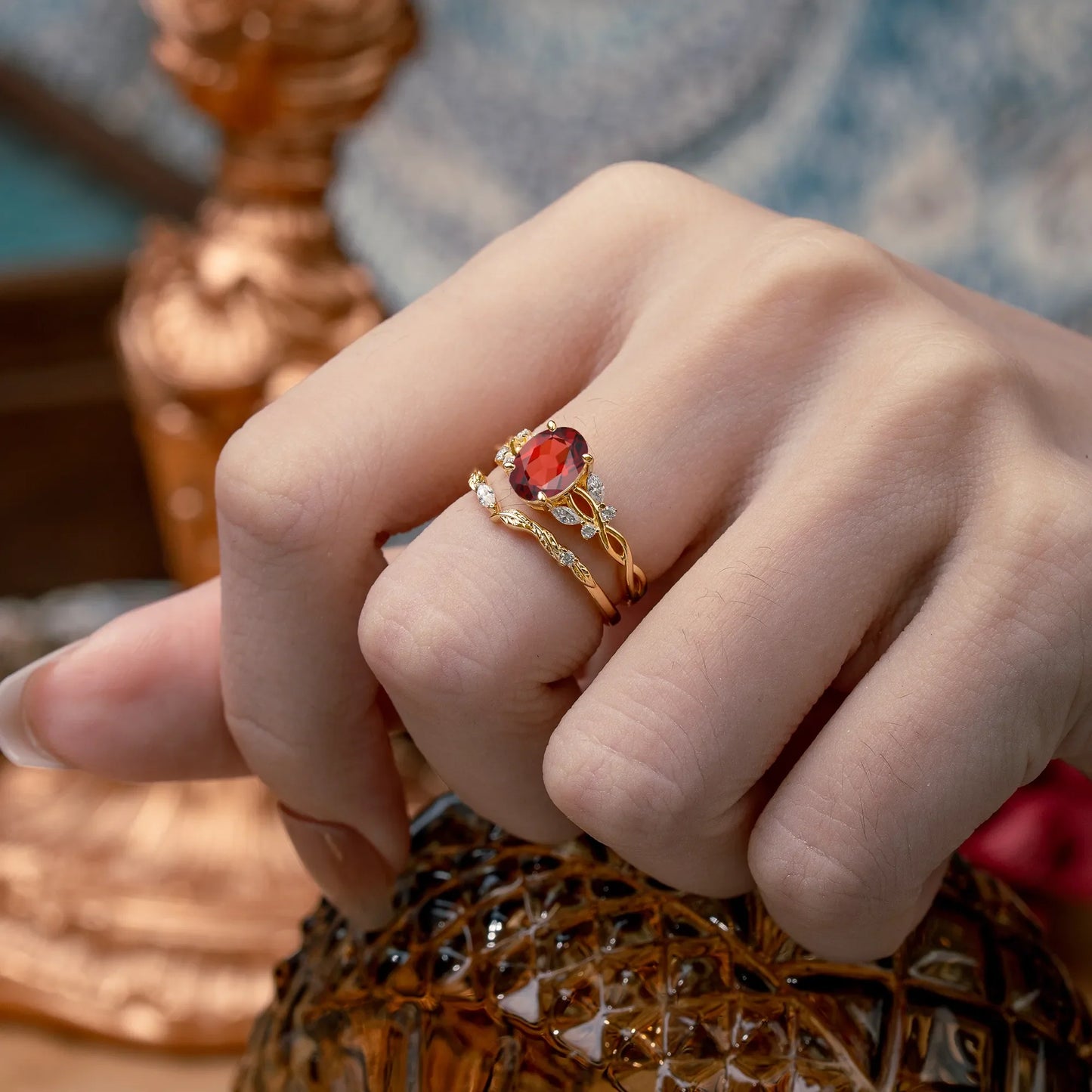 Nature-inspired 4-Prong Oval Cut Garnet Stacking Ring