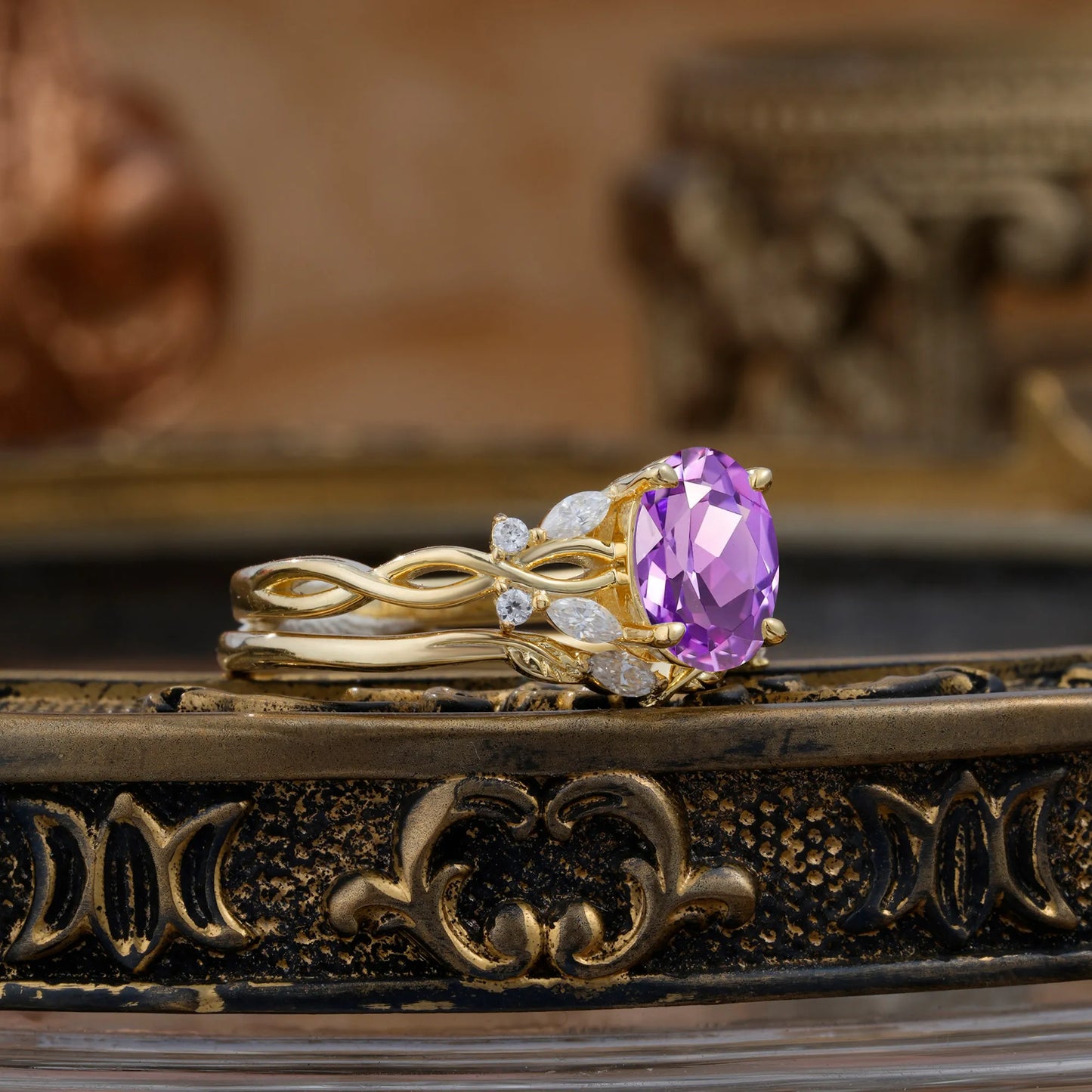 Nature-inspired 4-Prong Oval Cut Amethyst Stacking Ring