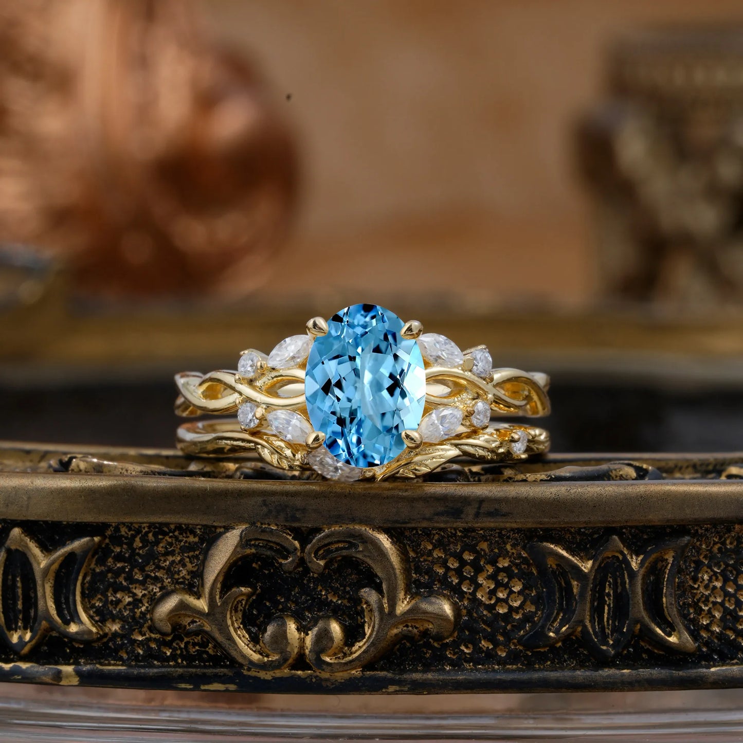 Nature-inspired 4-Prong Oval Cut Aquamarine Stacking Ring