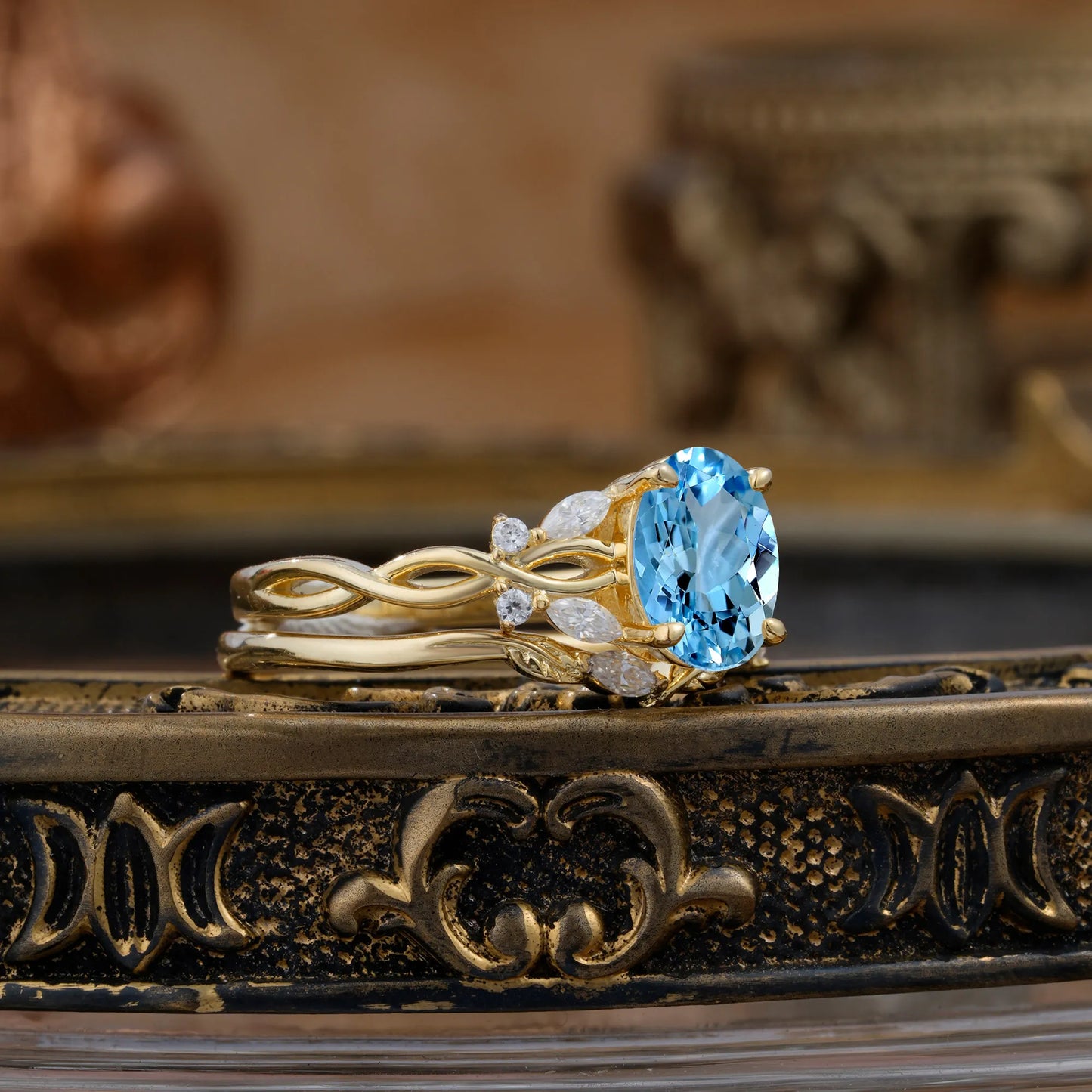 Nature-inspired 4-Prong Oval Cut Aquamarine Stacking Ring