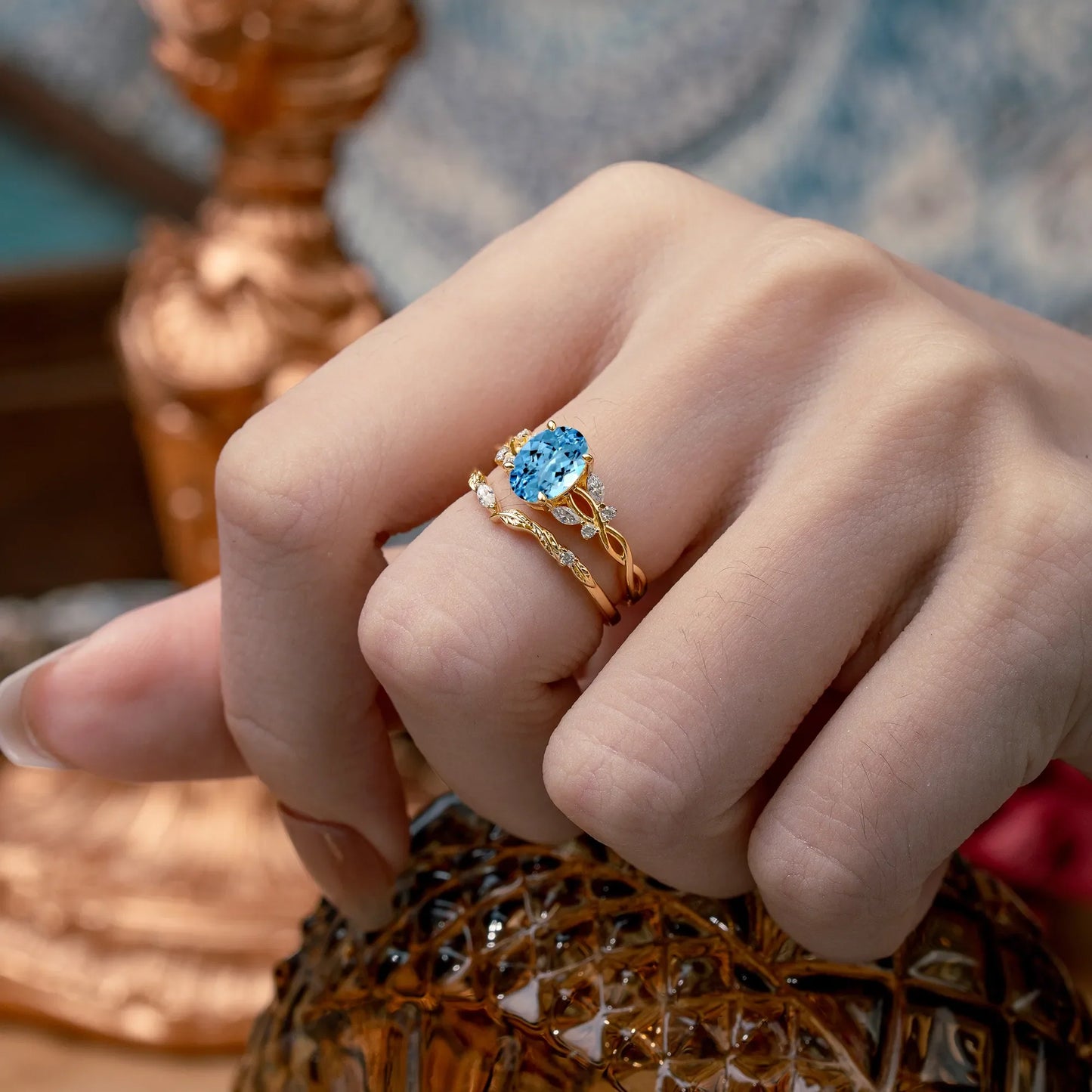 Nature-inspired 4-Prong Oval Cut Aquamarine Stacking Ring