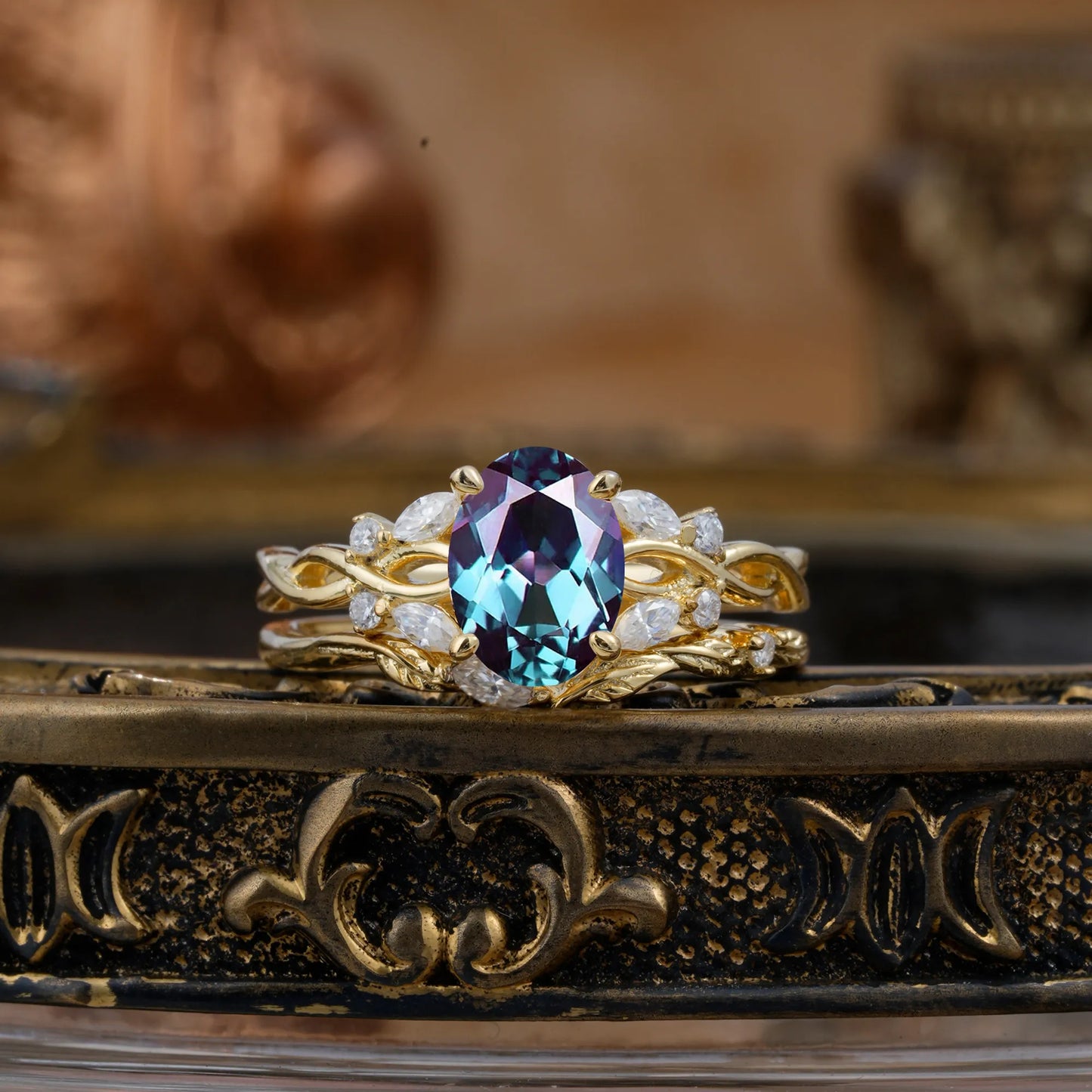 Nature-inspired 4-Prong Oval Cut Alexandrite Stacking Ring