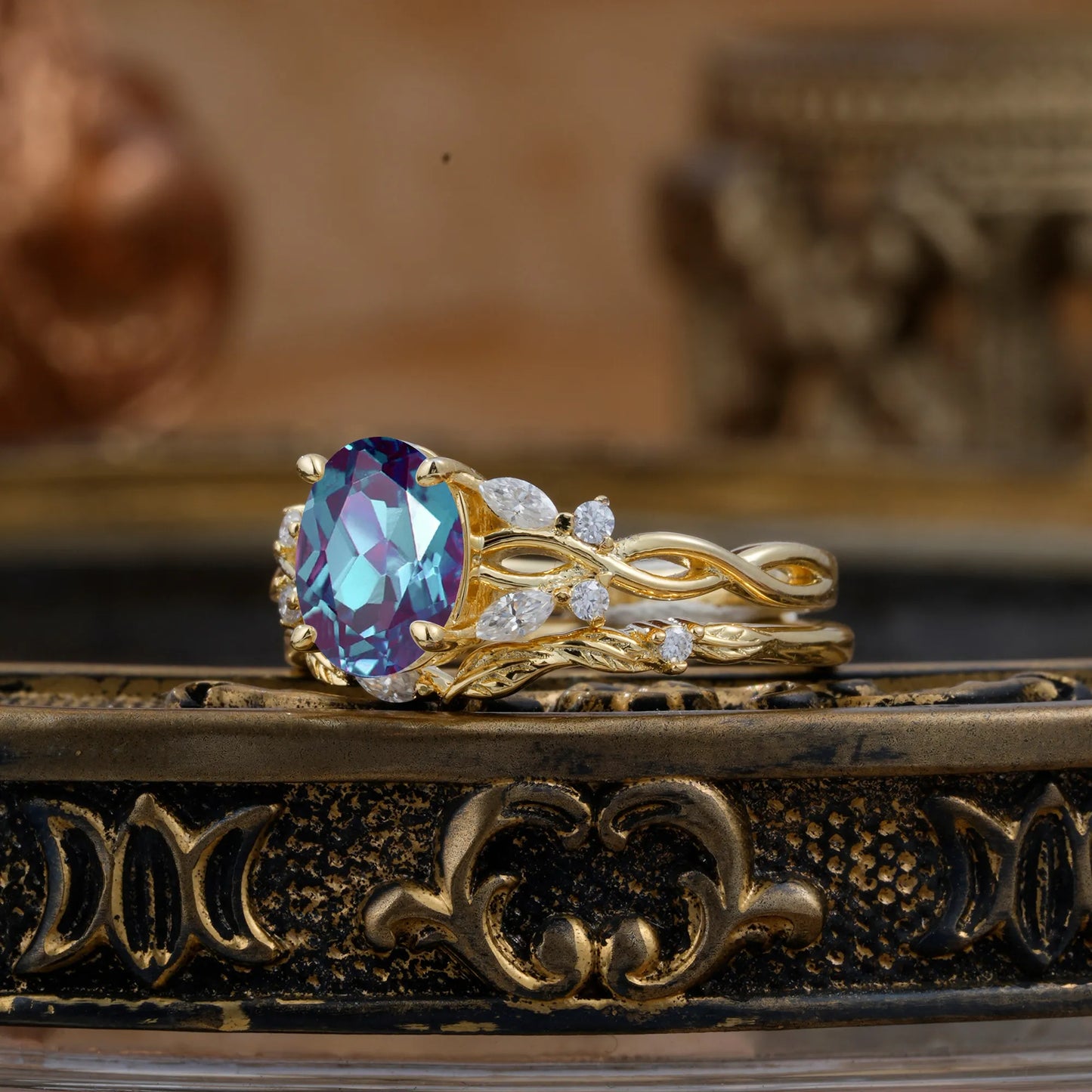 Nature-inspired 4-Prong Oval Cut Alexandrite Stacking Ring